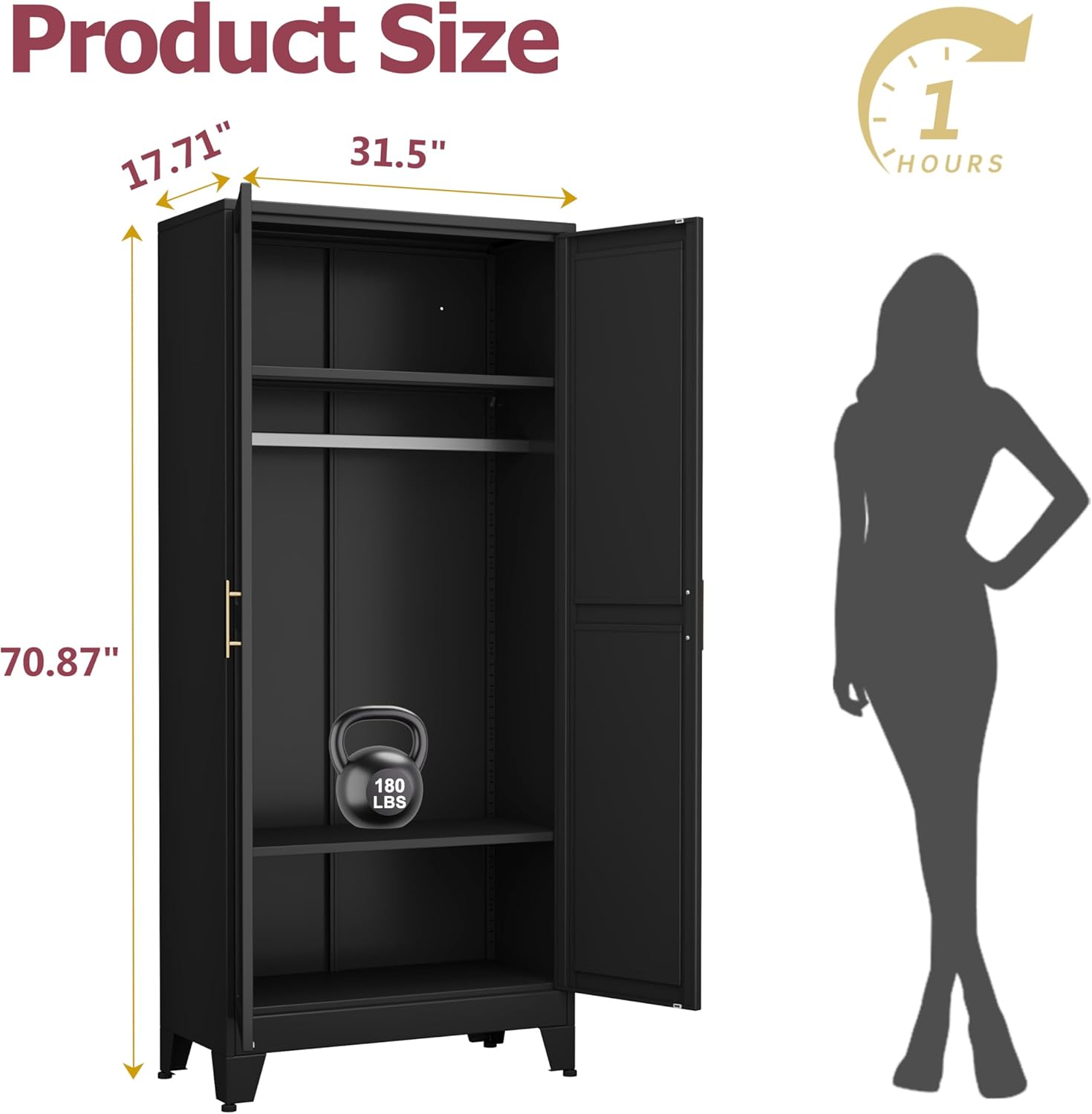 Metal Wardrobe Cabinet with Hanging Rod, 70.87" Metal Clothing Storage Cabinets with 2 Doors and Adjustable Shelves, Black Armoire Wardrobe Closet for Bedroom, Laundry Room, Cloak Room - Grand Goldman