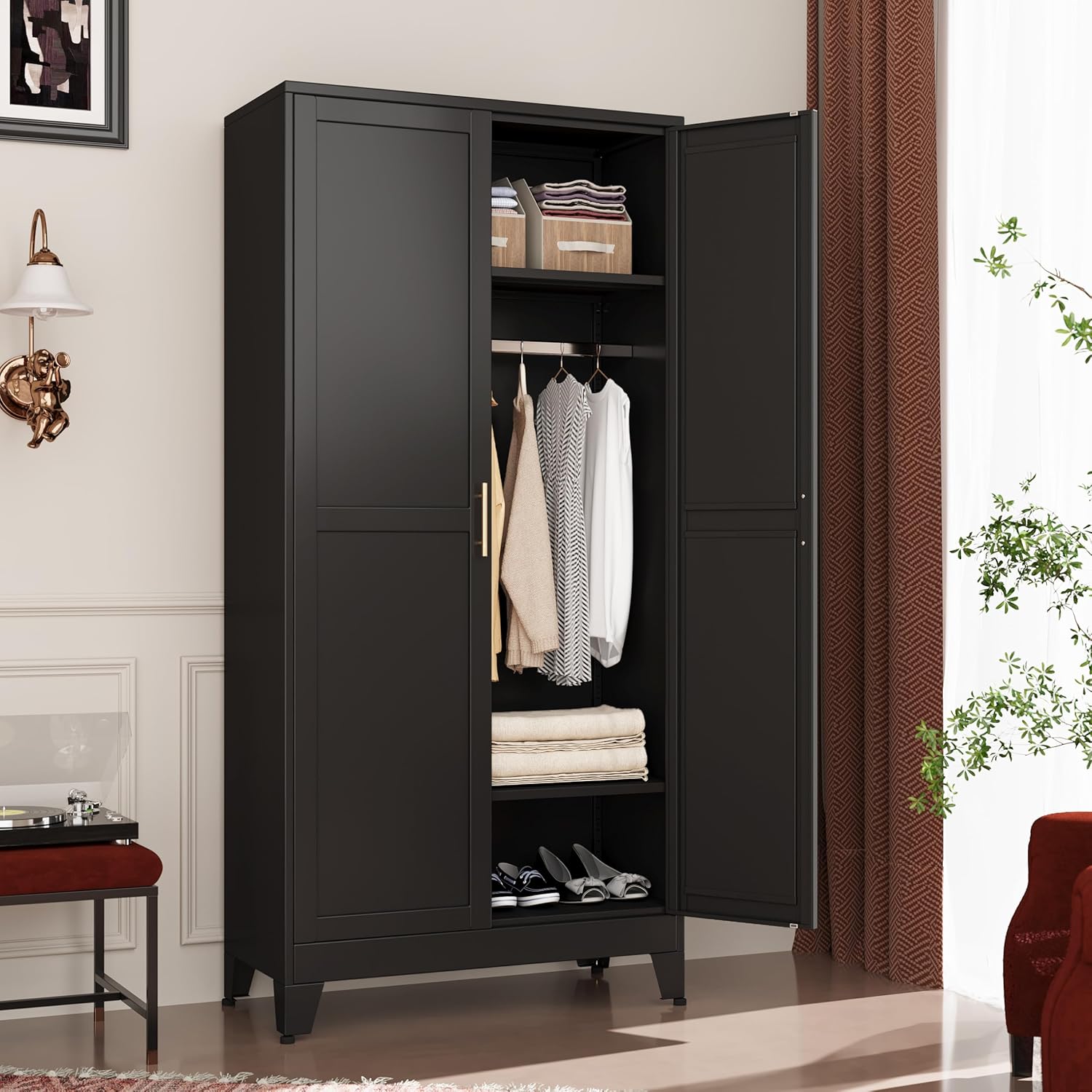 Metal Wardrobe Cabinet with Hanging Rod, 70.87" Metal Clothing Storage Cabinets with 2 Doors and Adjustable Shelves, Black Armoire Wardrobe Closet for Bedroom, Laundry Room, Cloak Room - Grand Goldman