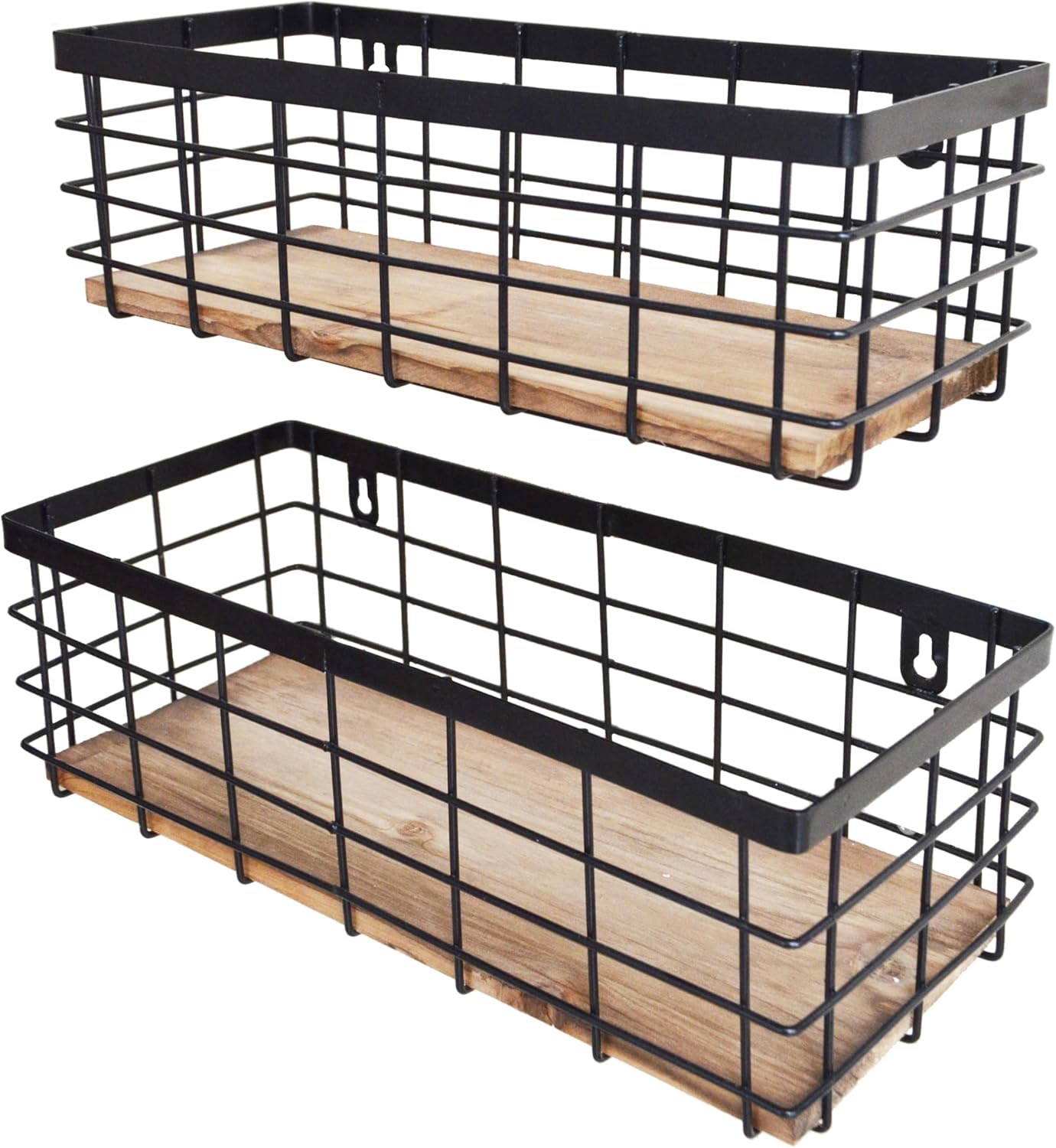 Metal Wire Basket Detachable Wood Base Storage Organizer Farmhouse Small Bins for Kitchen Cabinets, Bathroom, Pantry, Laundry Room, Closets Set of 2,Black Color - Grand Goldman