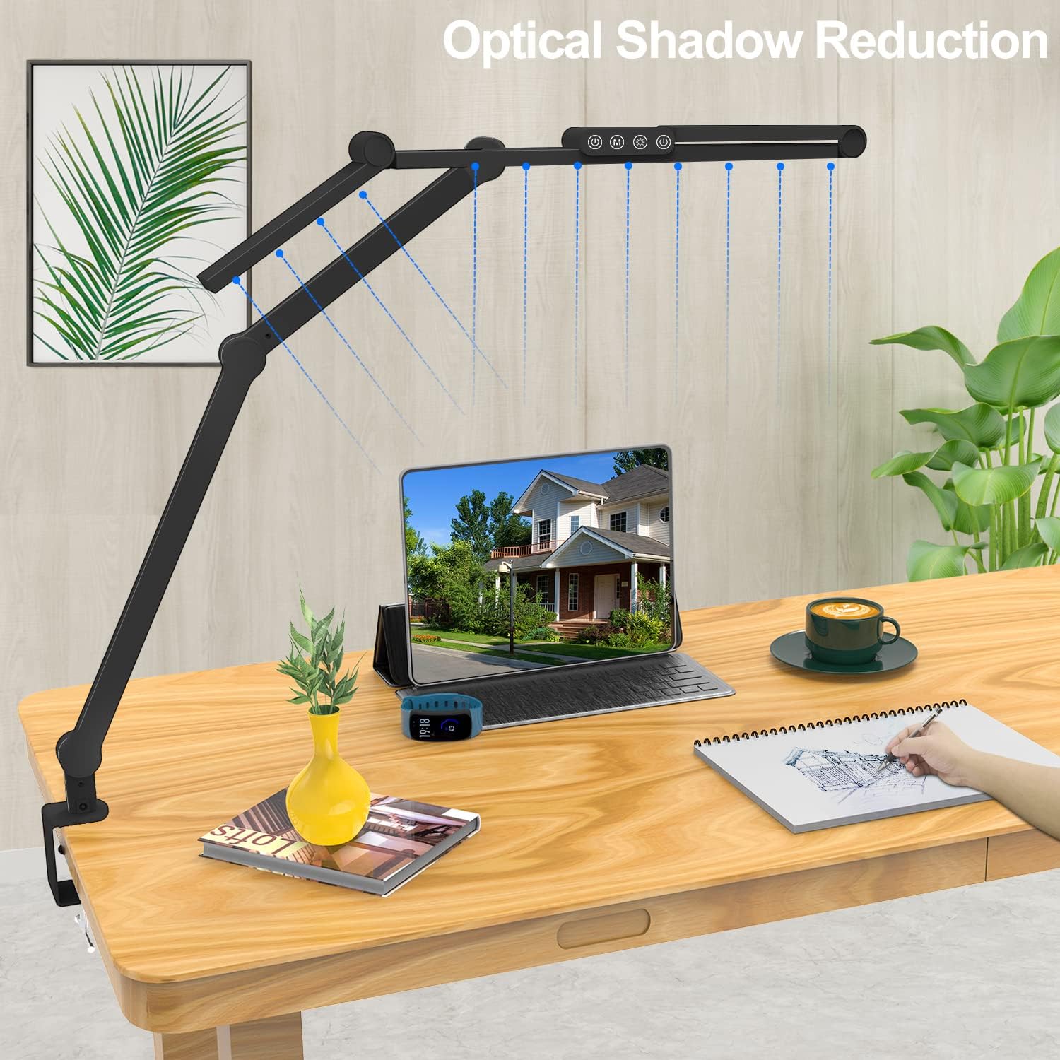Micomlan Led Desk Lamp with Clamp, Architect Desk Lamp for Home Office with Atmosphere Lighting, 24W Ultra Bright Auto Dimming Desk Light Stepless Dimming and Tempering LED Table Light - Grand Goldman