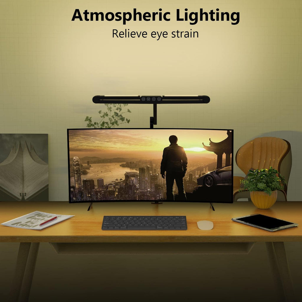 Micomlan Led Desk Lamp with Clamp, Architect Desk Lamp for Home Office with Atmosphere Lighting, 24W Ultra Bright Auto Dimming Desk Light Stepless Dimming and Tempering LED Table Light - Grand Goldman