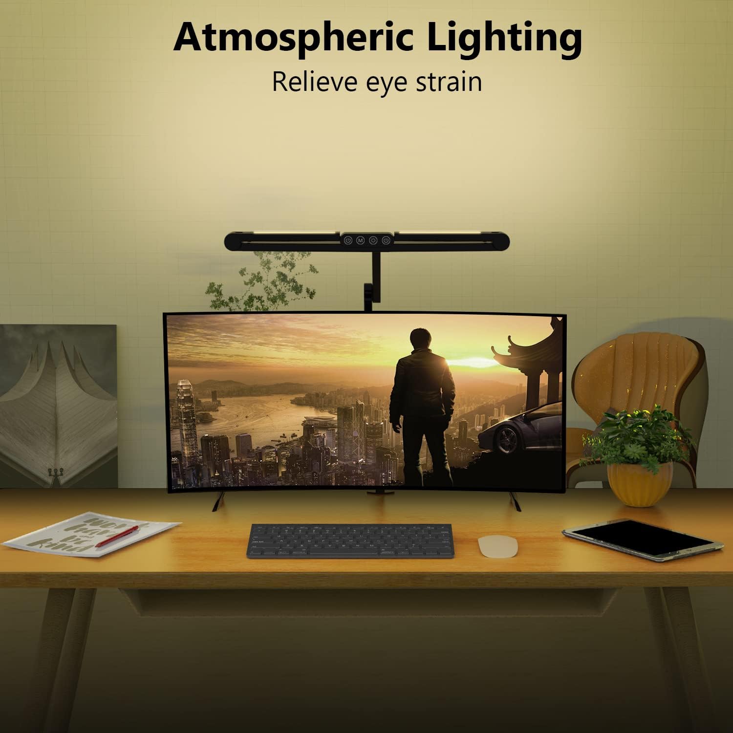 Micomlan Led Desk Lamp with Clamp, Architect Desk Lamp for Home Office with Atmosphere Lighting, 24W Ultra Bright Auto Dimming Desk Light Stepless Dimming and Tempering LED Table Light - Grand Goldman