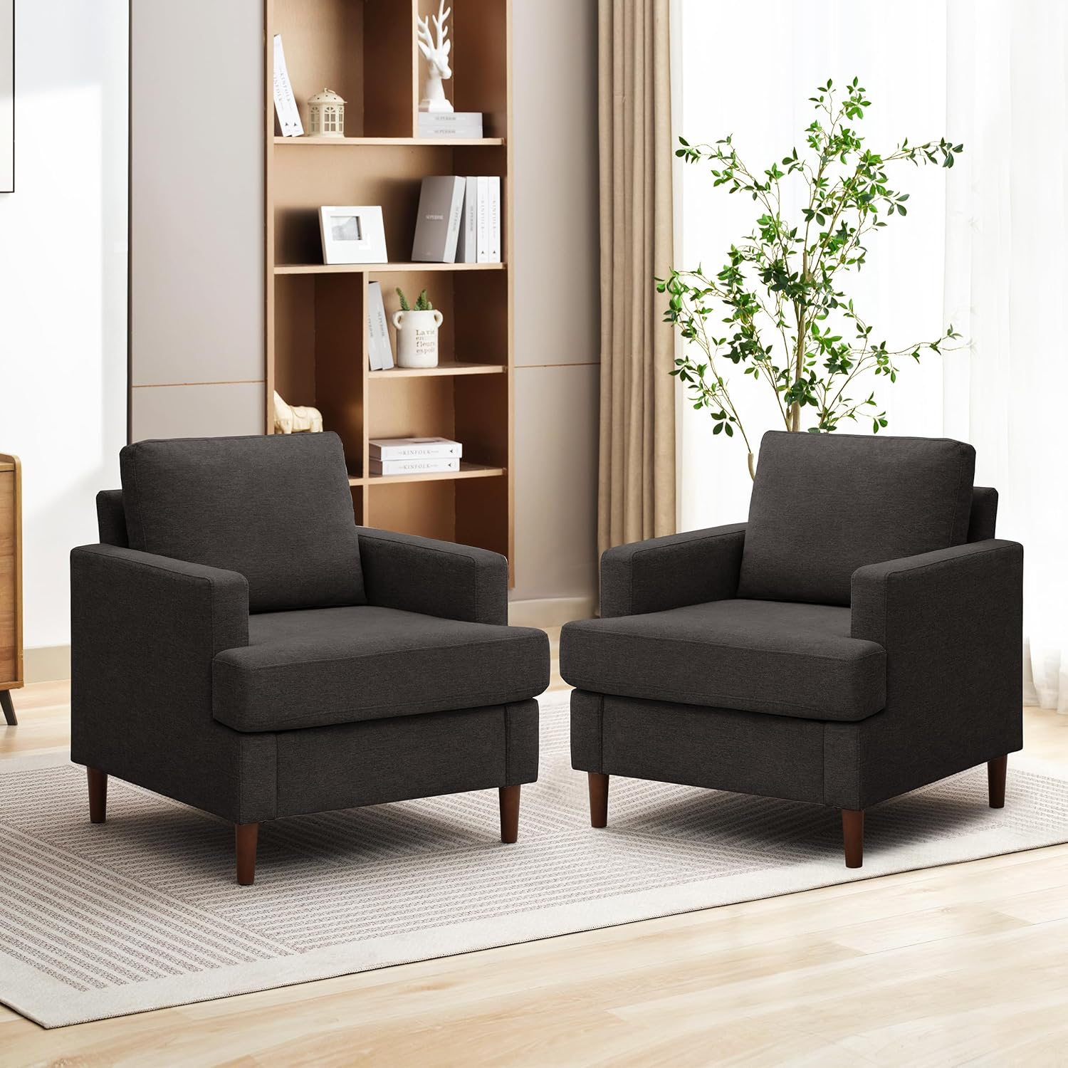 Mid-Century Accent Chair,Modern Linen Fabric Armchair for Living Room,Comfy Upholstered Reading Accent Chairs for Bedroom,Single Sofa Chair with Wood Legs (Beige, 1 Pack) - Grand Goldman