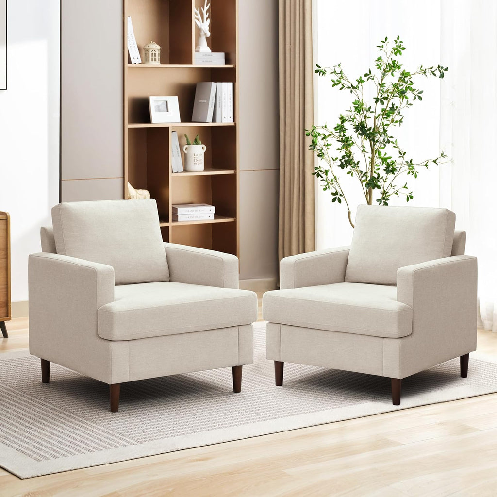 Mid-Century Accent Chair,Modern Linen Fabric Armchair for Living Room,Comfy Upholstered Reading Accent Chairs for Bedroom,Single Sofa Chair with Wood Legs (Grey, 1 Pack) - Grand Goldman