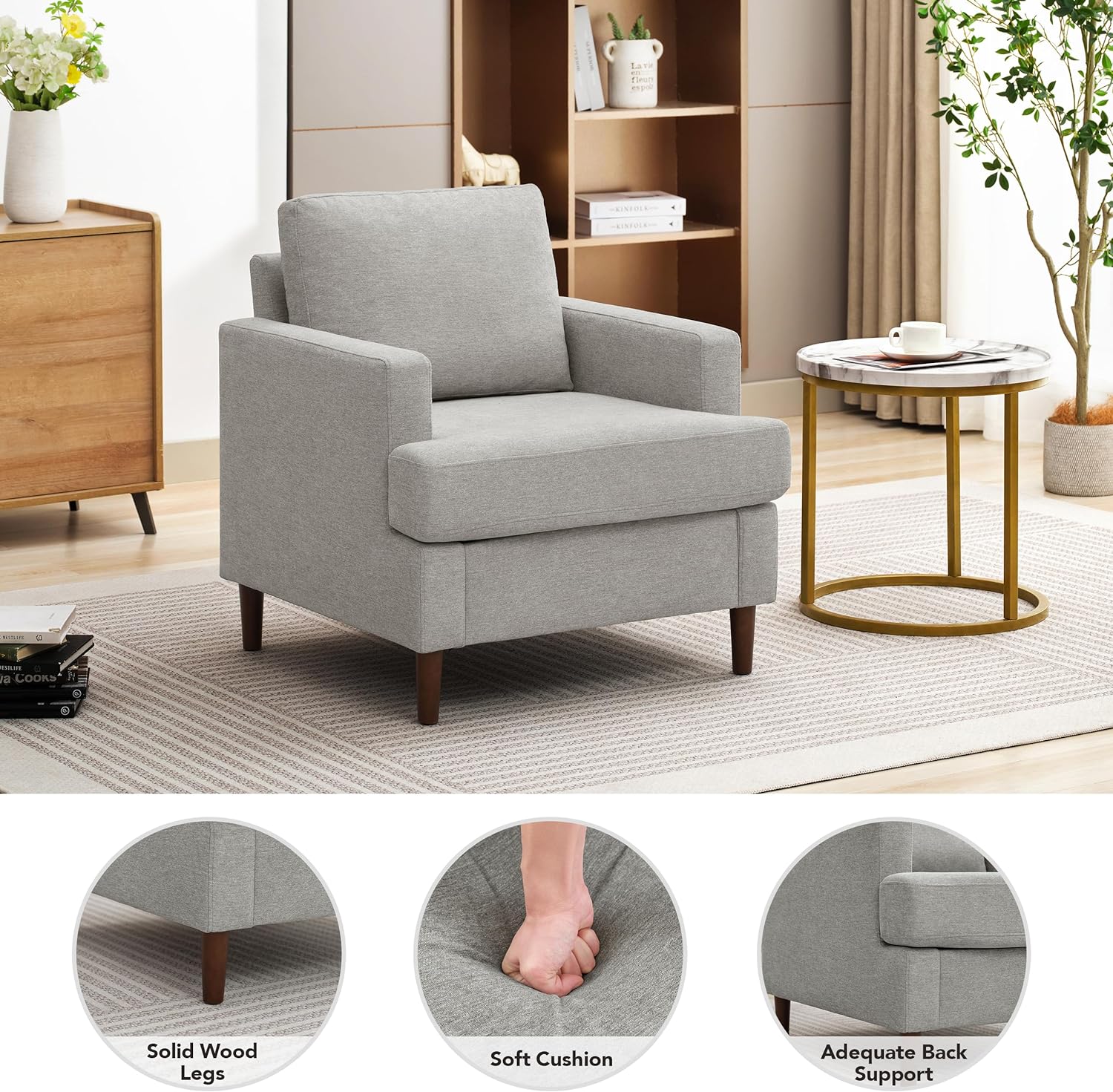 Mid-Century Accent Chair,Modern Linen Fabric Armchair for Living Room,Comfy Upholstered Reading Accent Chairs for Bedroom,Single Sofa Chair with Wood Legs (Grey, 1 Pack) - Grand Goldman