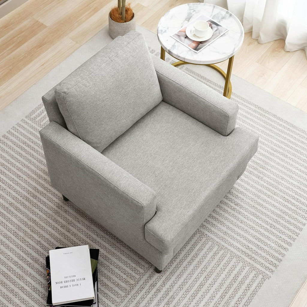 Mid-Century Accent Chair,Modern Linen Fabric Armchair for Living Room,Comfy Upholstered Reading Accent Chairs for Bedroom,Single Sofa Chair with Wood Legs (Grey, 1 Pack) - Grand Goldman
