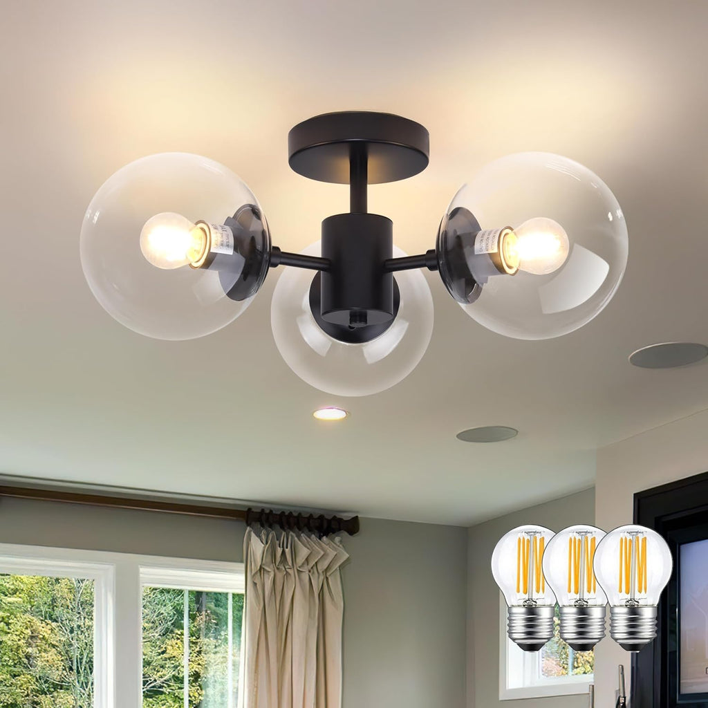 Mid Century 3 Light Clear Globe Glass Gold Chandelier Modern Brass Semi Flush Mount Ceiling Light Modern Light Fixtures Ceiling Light Fixture for Bedroom Living Room Hallway Entryway - Grand Goldman
