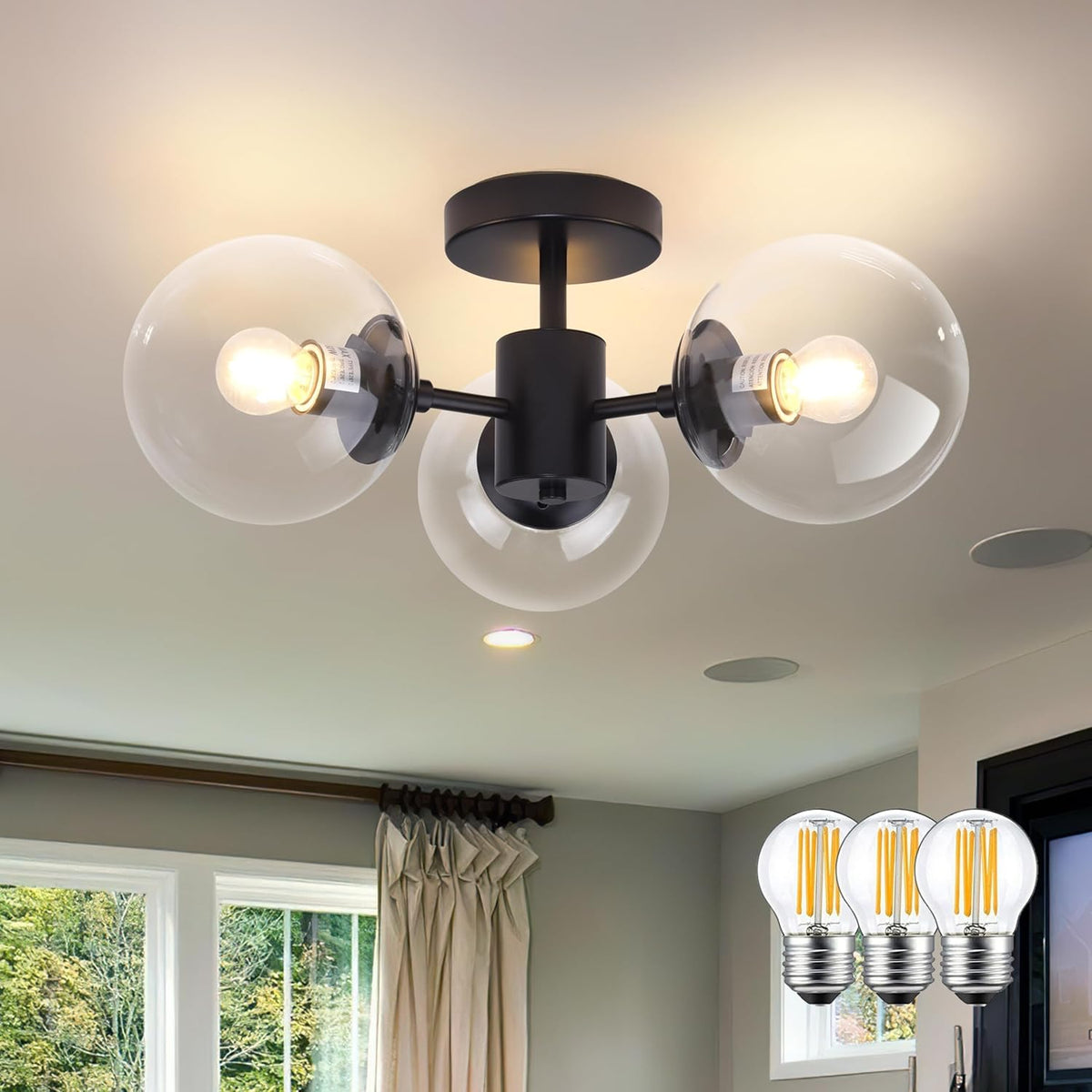 Mid Century 3 Light Clear Globe Glass Gold Chandelier Modern Brass Semi Flush Mount Ceiling Light Modern Light Fixtures Ceiling Light Fixture for Bedroom Living Room Hallway Entryway - Grand Goldman