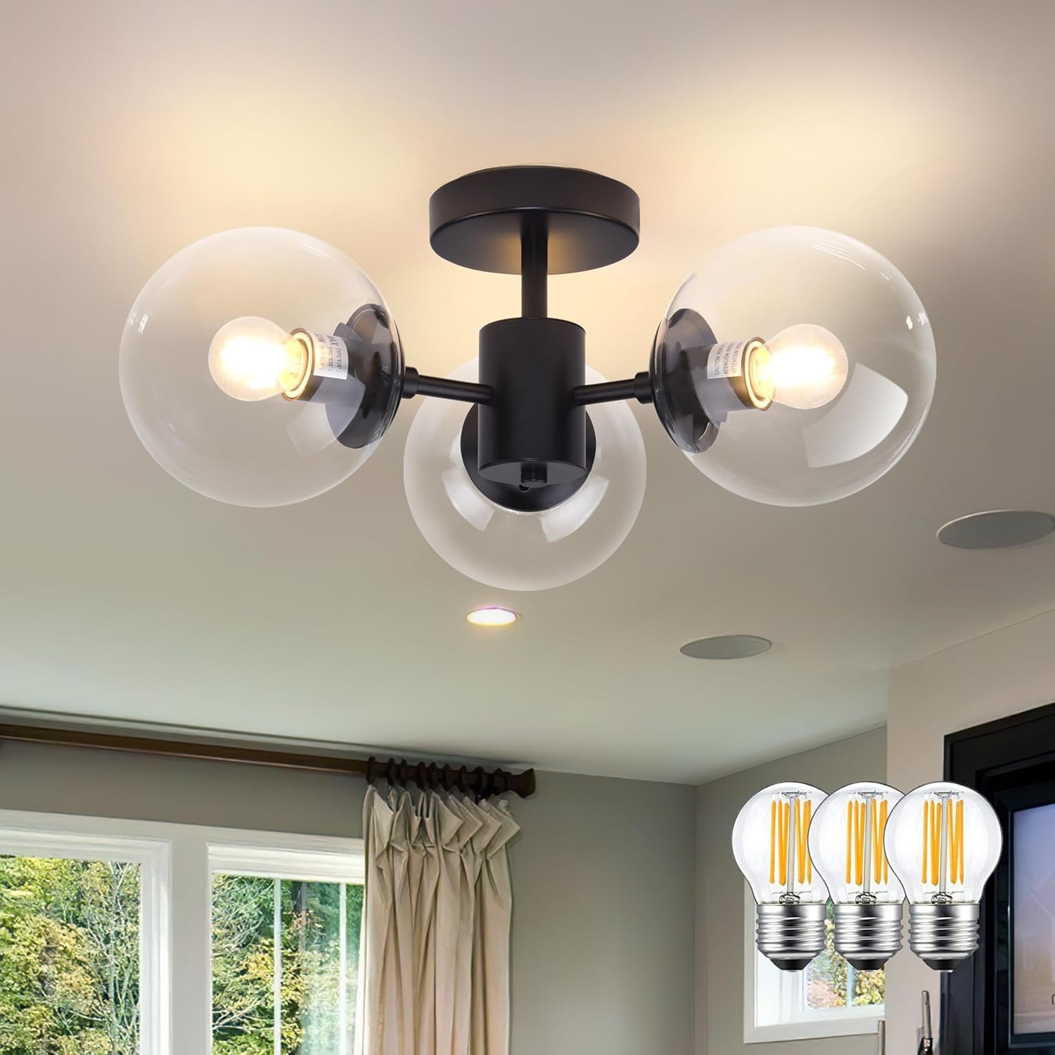 Mid Century 3 Light Clear Globe Glass Gold Chandelier Modern Brass Semi Flush Mount Ceiling Light Modern Light Fixtures Ceiling Light Fixture for Bedroom Living Room Hallway Entryway - Grand Goldman