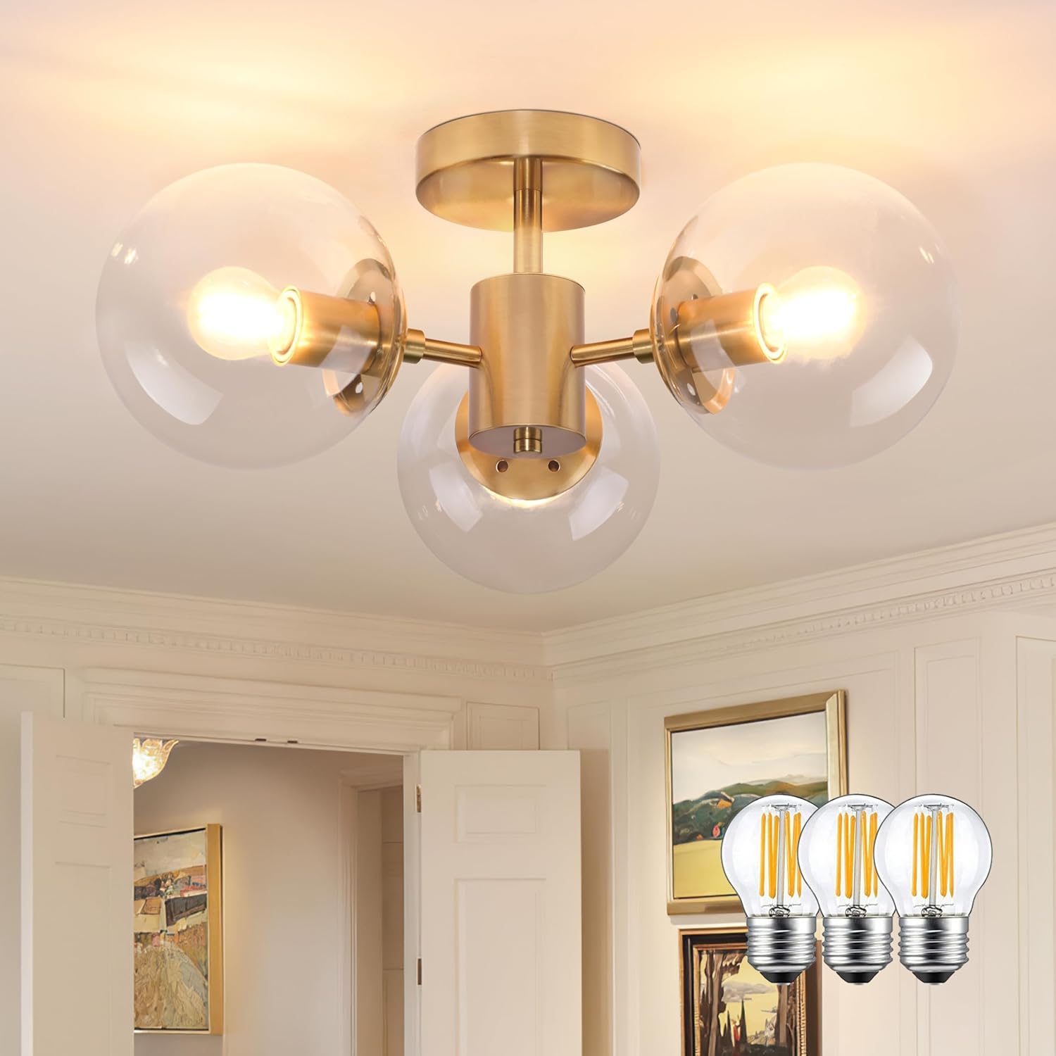 Mid Century 3 Light Clear Globe Glass Gold Chandelier Modern Brass Semi Flush Mount Ceiling Light Modern Light Fixtures Ceiling Light Fixture for Bedroom Living Room Hallway Entryway - Grand Goldman