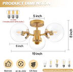 Mid Century 3 Light Clear Globe Glass Gold Chandelier Modern Brass Semi Flush Mount Ceiling Light Modern Light Fixtures Ceiling Light Fixture for Bedroom Living Room Hallway Entryway - Grand Goldman
