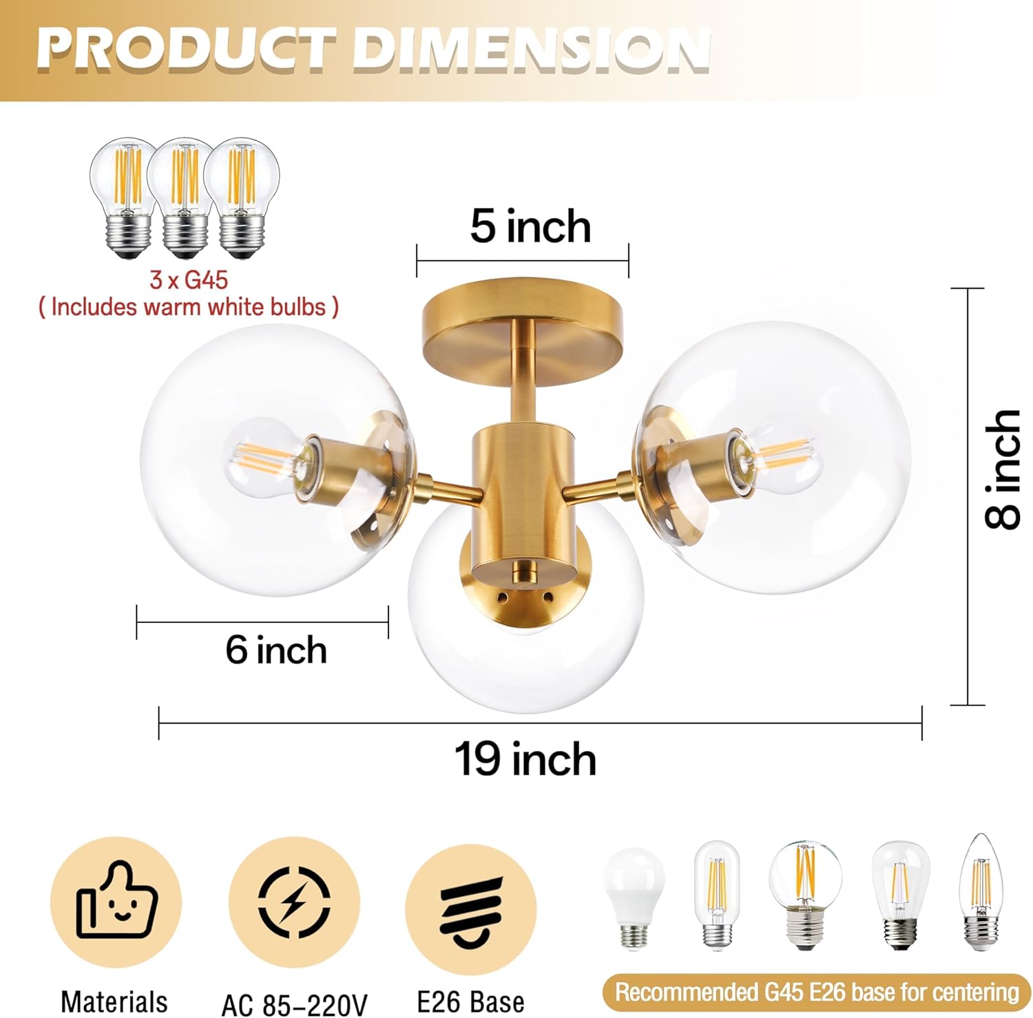 Mid Century 3 Light Clear Globe Glass Gold Chandelier Modern Brass Semi Flush Mount Ceiling Light Modern Light Fixtures Ceiling Light Fixture for Bedroom Living Room Hallway Entryway - Grand Goldman