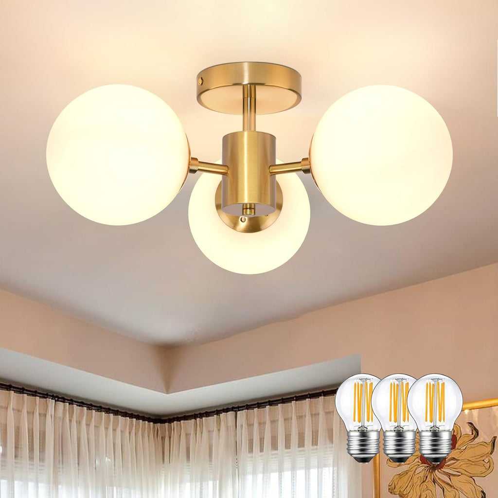 Mid Century 3 Light Clear Globe Glass Gold Chandelier Modern Brass Semi Flush Mount Ceiling Light Modern Light Fixtures Ceiling Light Fixture for Bedroom Living Room Hallway Entryway - Grand Goldman