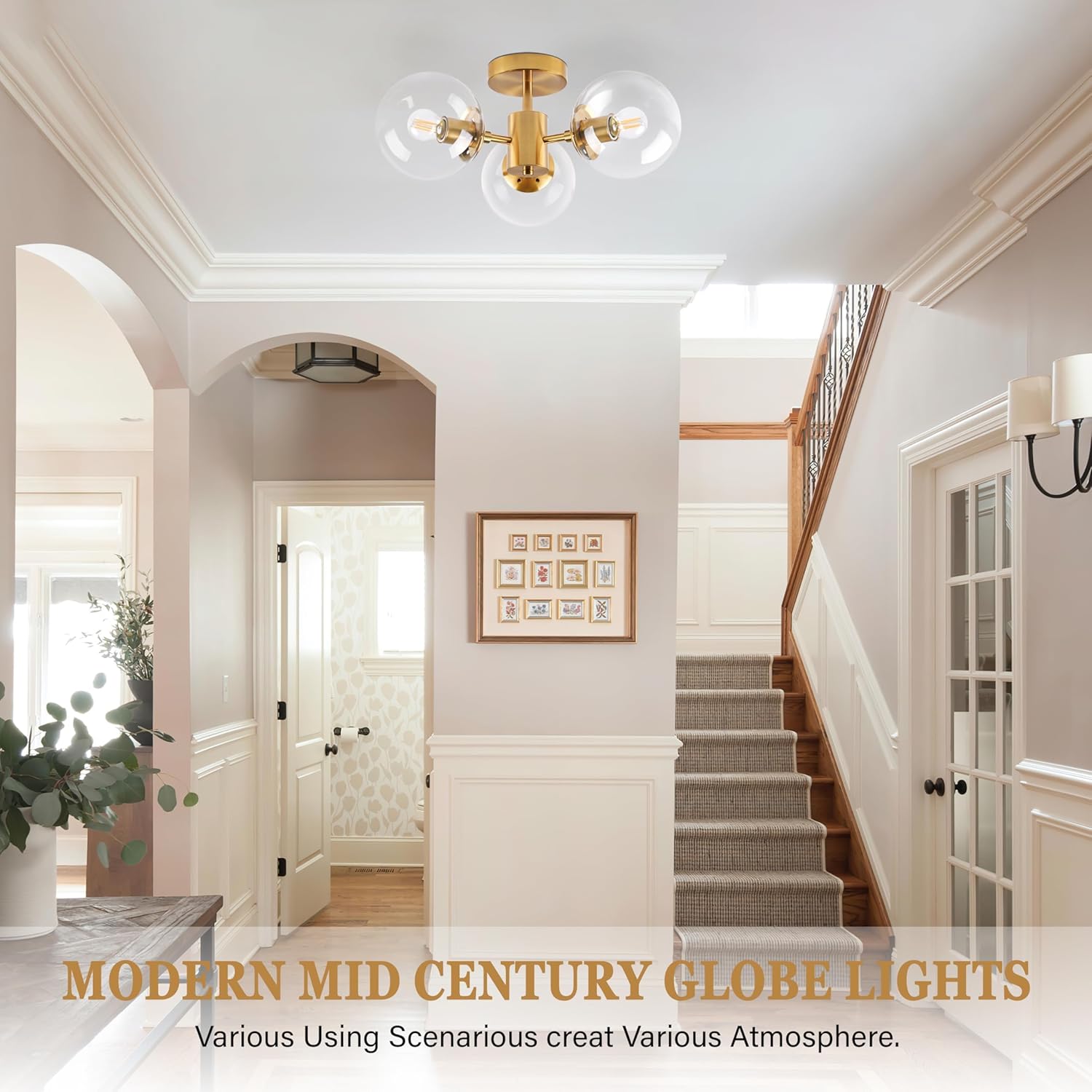 Mid Century 3 Light Clear Globe Glass Gold Chandelier Modern Brass Semi Flush Mount Ceiling Light Modern Light Fixtures Ceiling Light Fixture for Bedroom Living Room Hallway Entryway - Grand Goldman