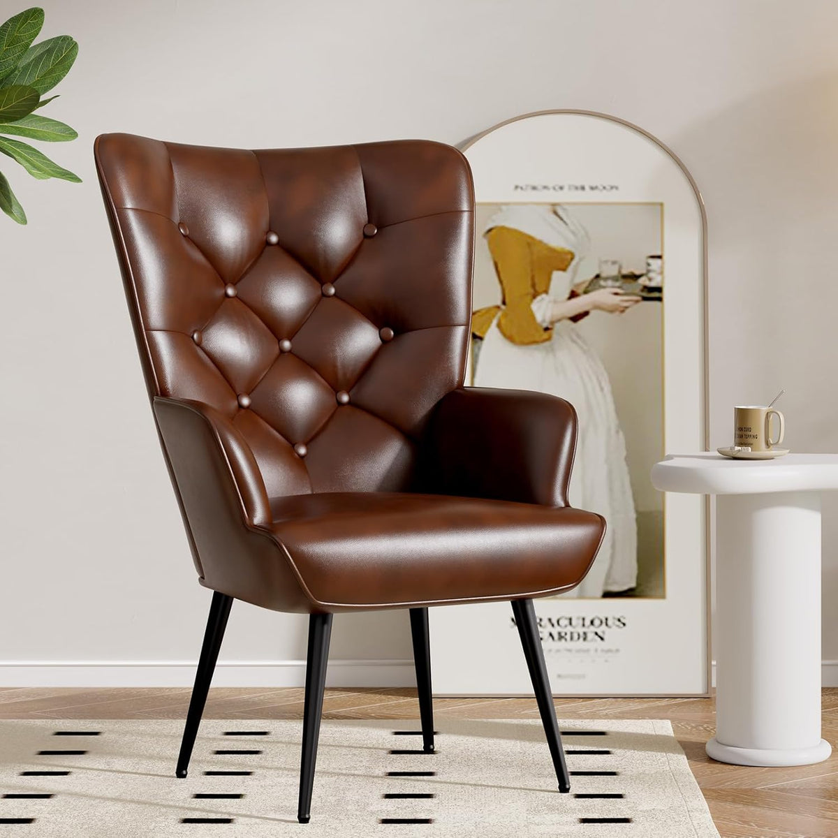 Mid Century Modern Accent Chair, PU Leather Upholstered Tufted Button Chairs, Living Room Reading Wingback Armchair, Side Chair for Living Room Bedroom, Brown - Grand Goldman