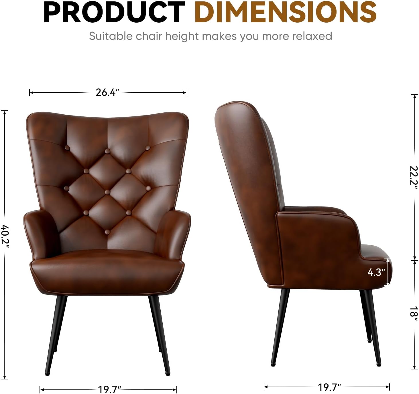Mid Century Modern Accent Chair, PU Leather Upholstered Tufted Button Chairs, Living Room Reading Wingback Armchair, Side Chair for Living Room Bedroom, Brown - Grand Goldman