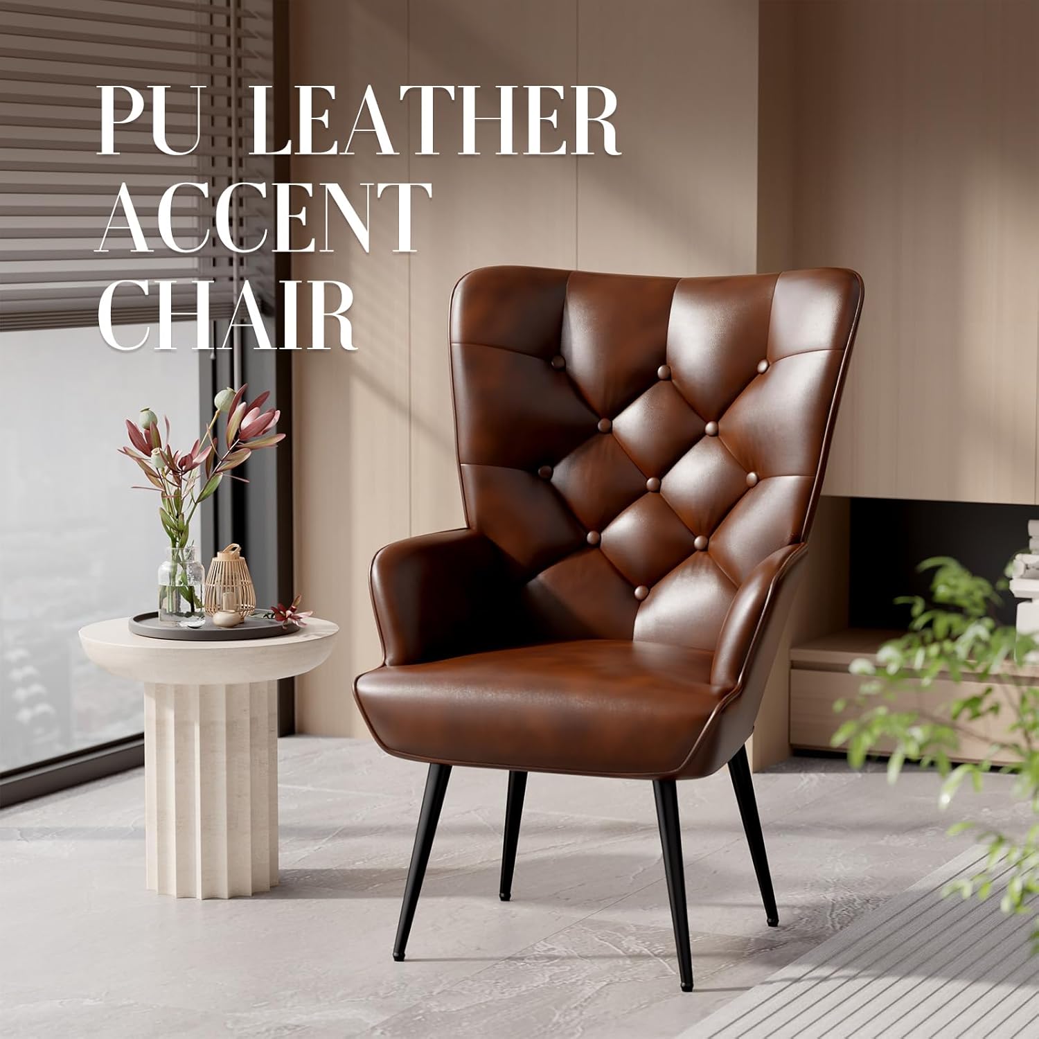 Mid Century Modern Accent Chair, PU Leather Upholstered Tufted Button Chairs, Living Room Reading Wingback Armchair, Side Chair for Living Room Bedroom, Brown - Grand Goldman