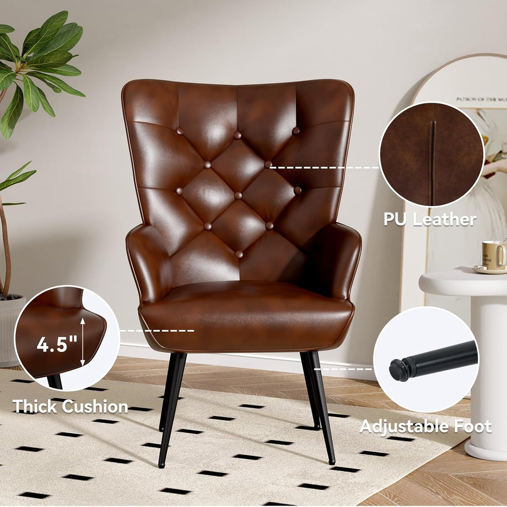 Mid Century Modern Accent Chair, PU Leather Upholstered Tufted Button Chairs, Living Room Reading Wingback Armchair, Side Chair for Living Room Bedroom, Brown - Grand Goldman