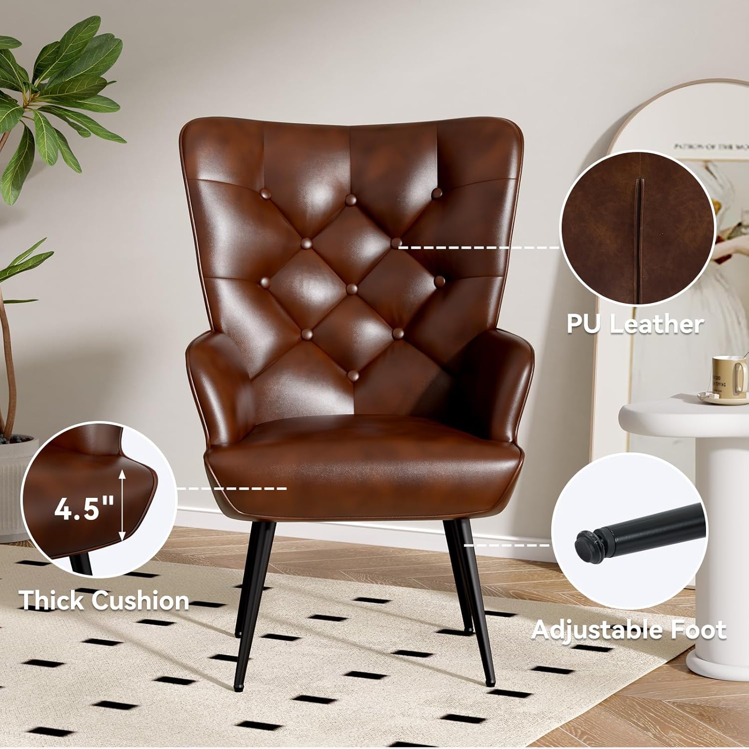 Mid Century Modern Accent Chair, PU Leather Upholstered Tufted Button Chairs, Living Room Reading Wingback Armchair, Side Chair for Living Room Bedroom, Brown - Grand Goldman