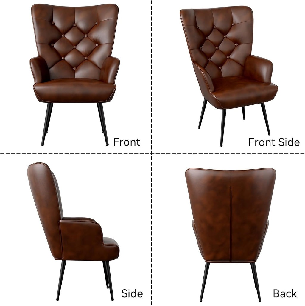 Mid Century Modern Accent Chair, PU Leather Upholstered Tufted Button Chairs, Living Room Reading Wingback Armchair, Side Chair for Living Room Bedroom, Brown - Grand Goldman