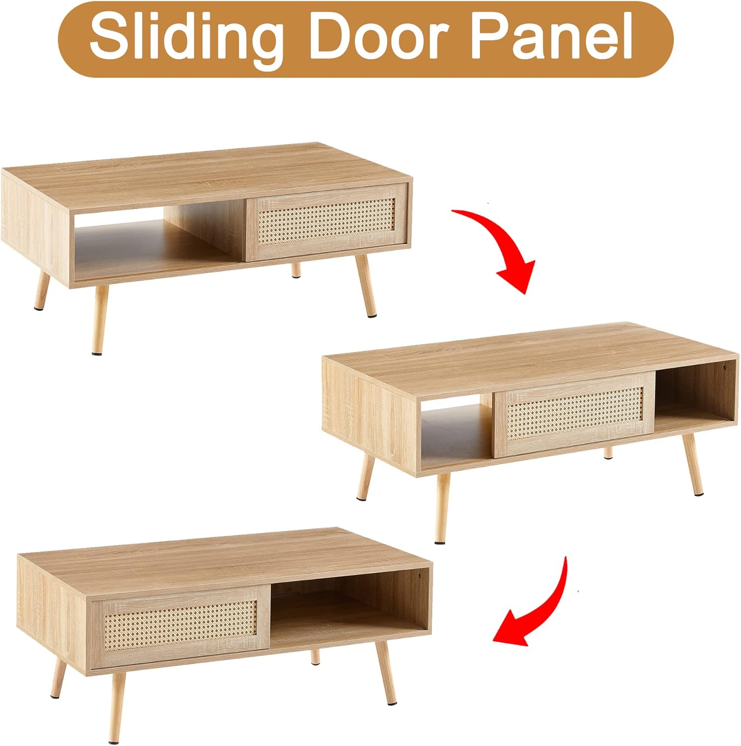 Mid Century Modern Coffee Table with Storage, 41.3 Inch Rectangle Wooden Accent Center Tables with Sliding PE Rattan Woven Door Panel and Solid Wood Legs, Suitable for Living Room, Apartment - Grand Goldman