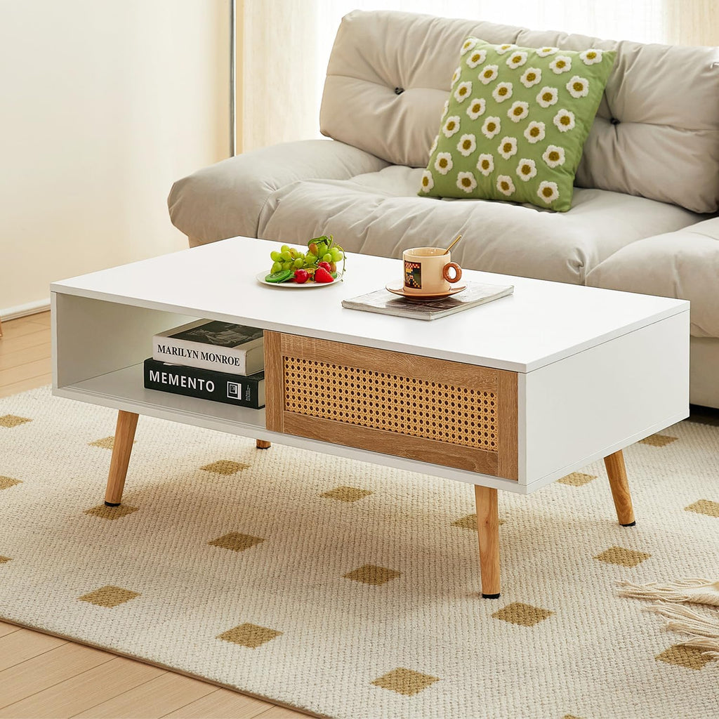 Mid Century Modern Coffee Table with Storage, 41.3 Inch Rectangle Wooden Accent Center Tables with Sliding PE Rattan Woven Door Panel and Solid Wood Legs, Suitable for Living Room, Apartment - Grand Goldman