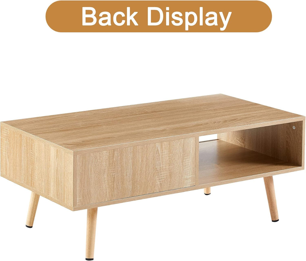 Mid Century Modern Coffee Table with Storage, 41.3 Inch Rectangle Wooden Accent Center Tables with Sliding PE Rattan Woven Door Panel and Solid Wood Legs, Suitable for Living Room, Apartment - Grand Goldman