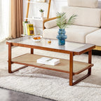 Mid Century Modern Coffee Table with Storage, 41.3 Inch Rectangle Wooden Accent Center Tables with Sliding PE Rattan Woven Door Panel and Solid Wood Legs, Suitable for Living Room, Apartment - Grand Goldman