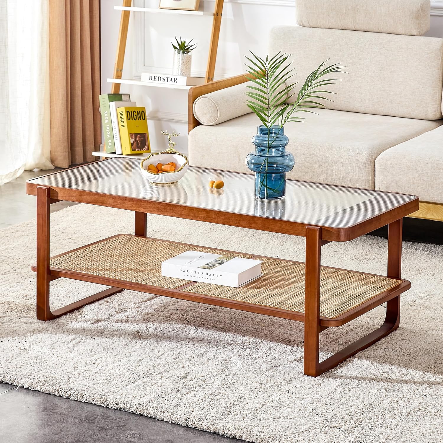 Mid Century Modern Coffee Table with Storage, 41.3 Inch Rectangle Wooden Accent Center Tables with Sliding PE Rattan Woven Door Panel and Solid Wood Legs, Suitable for Living Room, Apartment - Grand Goldman