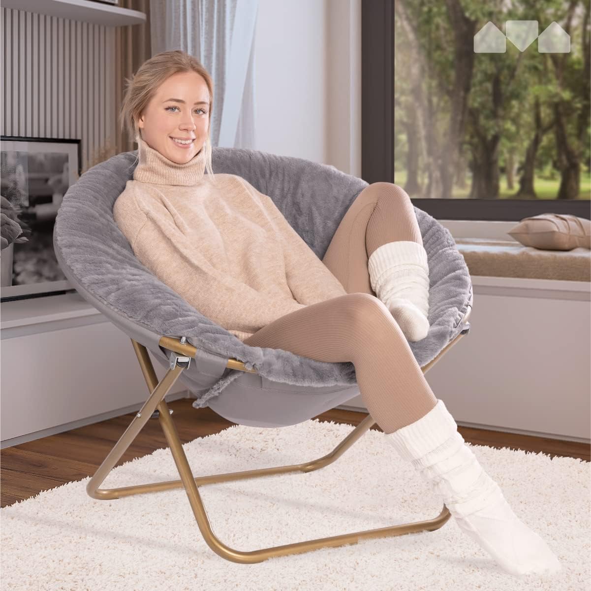 Milliard Cozy Chair/Faux Fur Saucer Chair for Bedroom/X-Large,25D x 38W x 34H in (Grey) - Grand Goldman