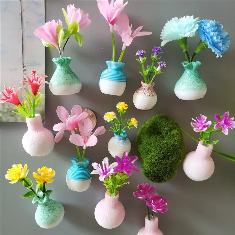 Mini Floral Vase Fridge Stickers 3d Flower Arrangement Vase Fridge Magnet DIY Handmade Korean Kitchen Plant Decorative Magnets - Grand Goldman