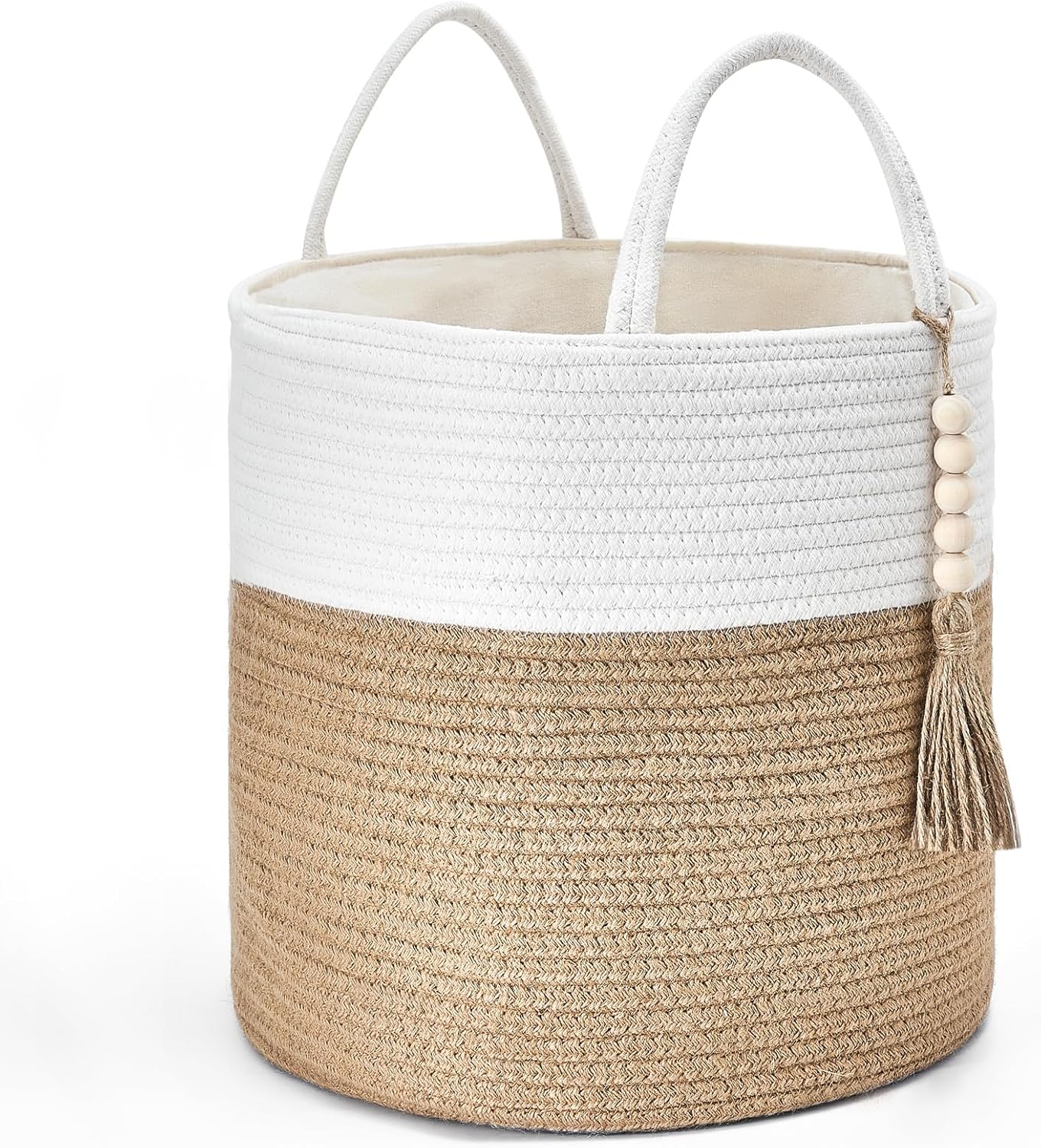 Mkono Woven Storage Basket Decorative Natural Rope Basket Wooden Bead Decoration for Blankets,Toys,Clothes,Shoes,Plant Organizer Bin with Handles Living Room Home Decor, Jute, 16" W × 13.8"L - Grand Goldman