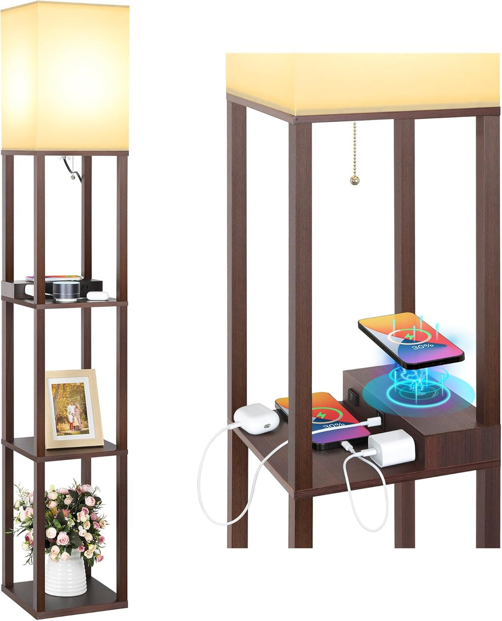 Mlambert Modern Shelf Floor Lamp with Wireless Charger & Fast Charging USB Ports & Type C Port & 2 Power Outlets,3 Tier Storage Lamp for Bedroom(Wood) - Grand Goldman