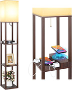 Mlambert Modern Shelf Floor Lamp with Wireless Charger & Fast Charging USB Ports & Type C Port & 2 Power Outlets,3 Tier Storage Lamp for Bedroom(Wood) - Grand Goldman