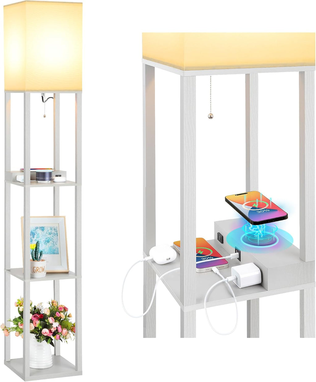 Mlambert Modern Shelf Floor Lamp with Wireless Charger & Fast Charging USB Ports & Type C Port & 2 Power Outlets,3 Tier Storage Lamp for Bedroom(Wood) - Grand Goldman