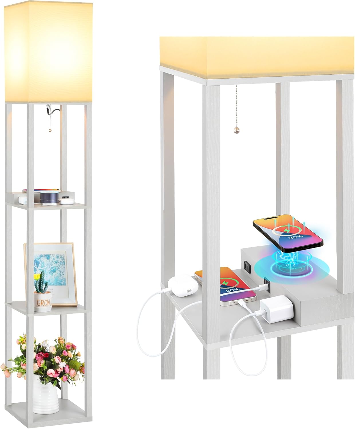 Mlambert Modern Shelf Floor Lamp with Wireless Charger & Fast Charging USB Ports & Type C Port & 2 Power Outlets,3 Tier Storage Lamp for Bedroom(Wood) - Grand Goldman