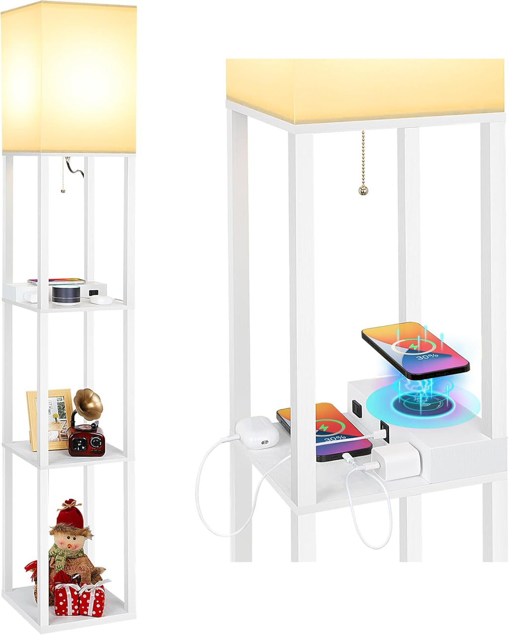 Mlambert Modern Shelf Floor Lamp with Wireless Charger & Fast Charging USB Ports & Type C Port & 2 Power Outlets,3 Tier Storage Lamp for Bedroom(Wood) - Grand Goldman