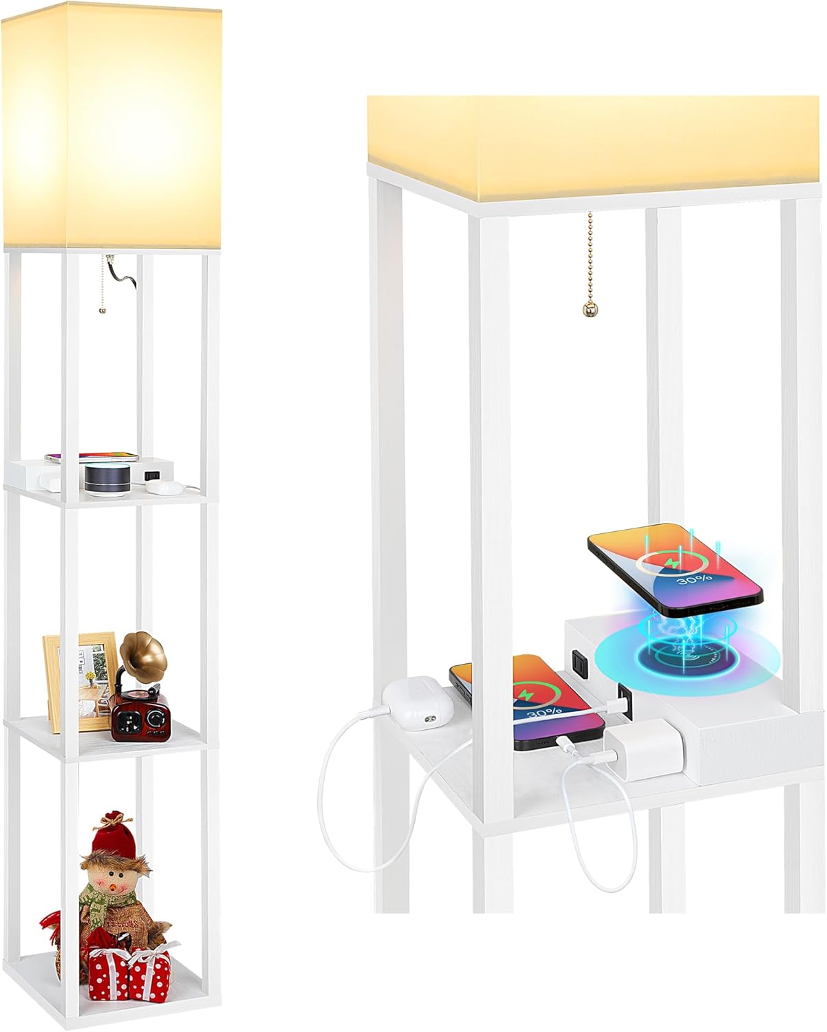 Mlambert Modern Shelf Floor Lamp with Wireless Charger & Fast Charging USB Ports & Type C Port & 2 Power Outlets,3 Tier Storage Lamp for Bedroom(Wood) - Grand Goldman