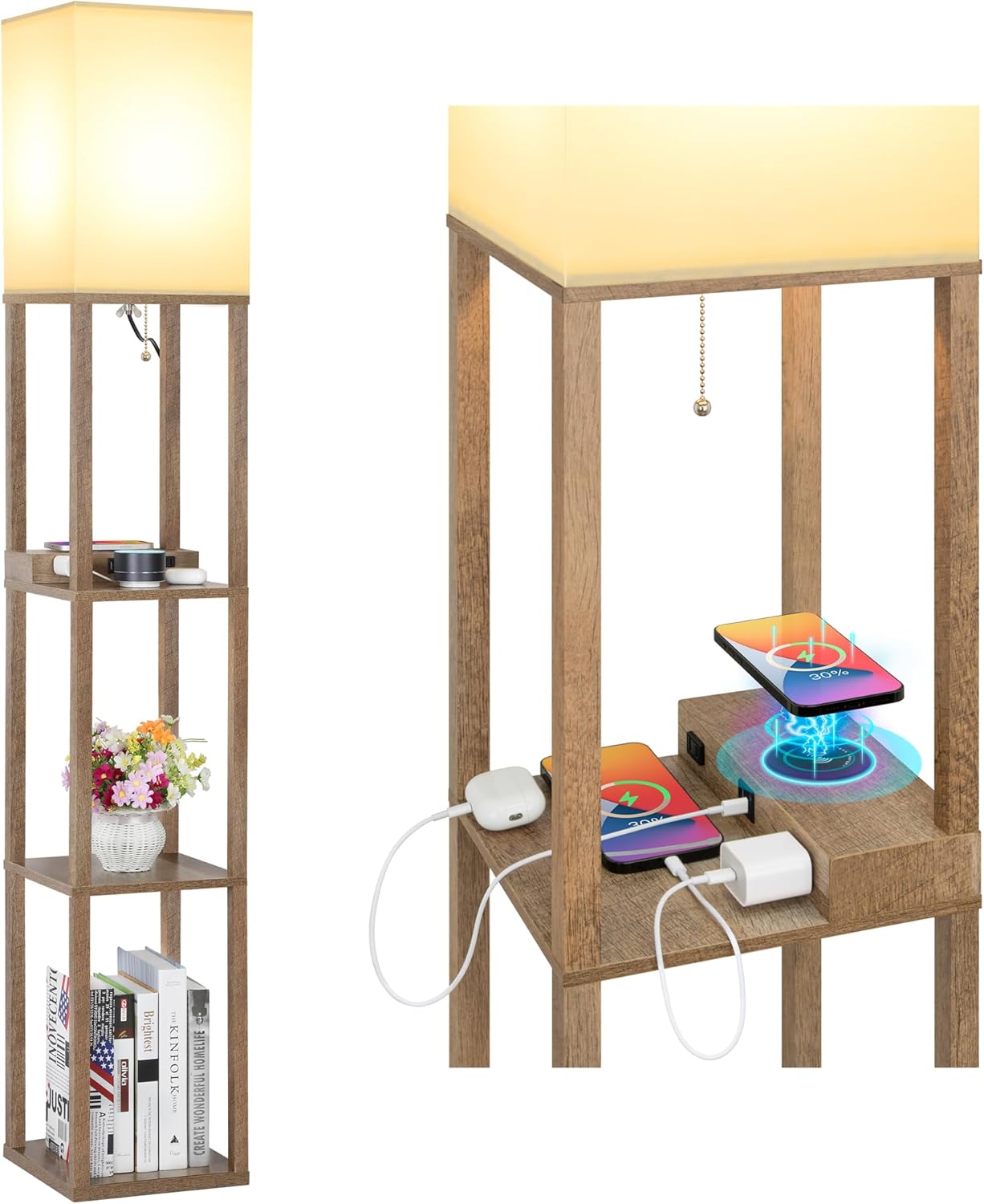 Mlambert Modern Shelf Floor Lamp with Wireless Charger & Fast Charging USB Ports & Type C Port & 2 Power Outlets,3 Tier Storage Lamp for Bedroom(Wood) - Grand Goldman