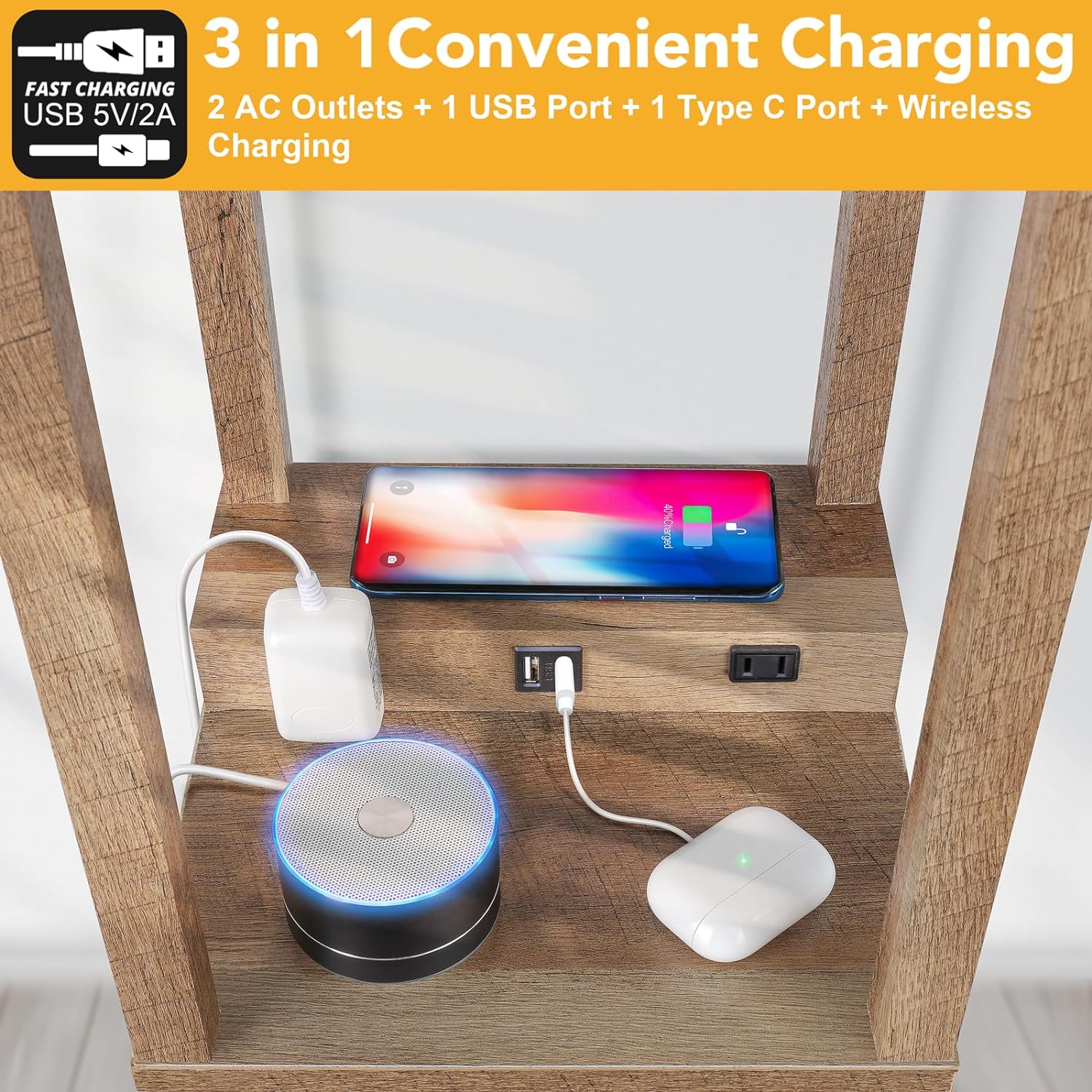 Mlambert Modern Shelf Floor Lamp with Wireless Charger & Fast Charging USB Ports & Type C Port & 2 Power Outlets,3 Tier Storage Lamp for Bedroom(Wood) - Grand Goldman