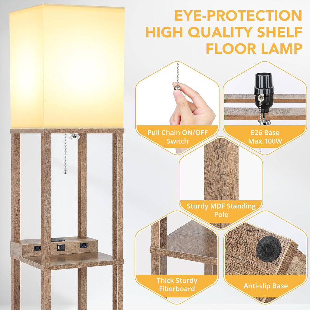 Mlambert Modern Shelf Floor Lamp with Wireless Charger & Fast Charging USB Ports & Type C Port & 2 Power Outlets,3 Tier Storage Lamp for Bedroom(Wood) - Grand Goldman