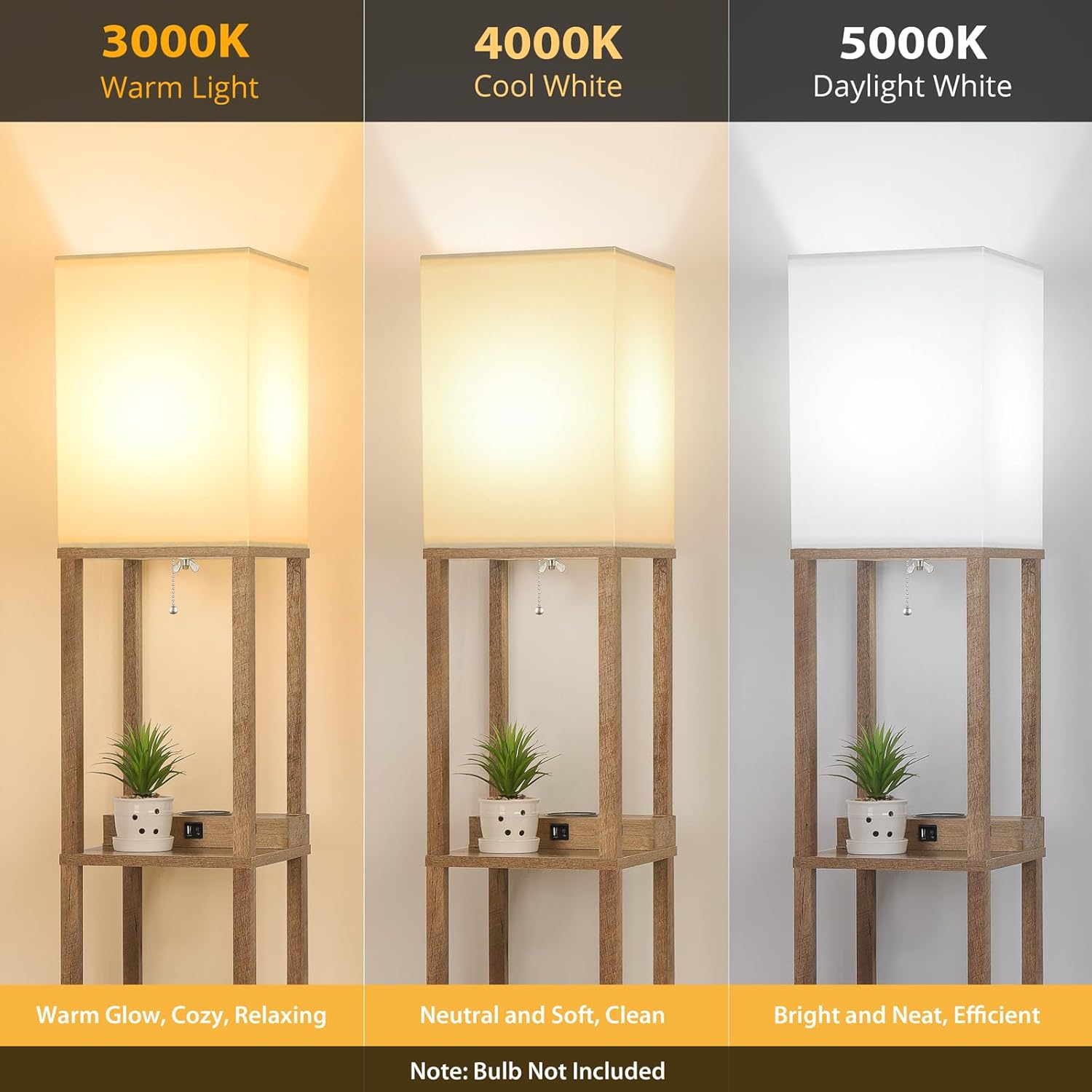 Mlambert Modern Shelf Floor Lamp with Wireless Charger & Fast Charging USB Ports & Type C Port & 2 Power Outlets,3 Tier Storage Lamp for Bedroom(Wood) - Grand Goldman