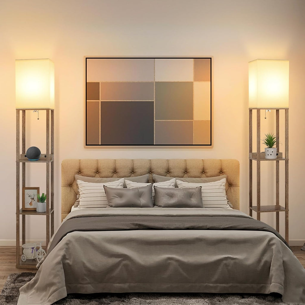 Mlambert Modern Shelf Floor Lamp with Wireless Charger & Fast Charging USB Ports & Type C Port & 2 Power Outlets,3 Tier Storage Lamp for Bedroom(Wood) - Grand Goldman
