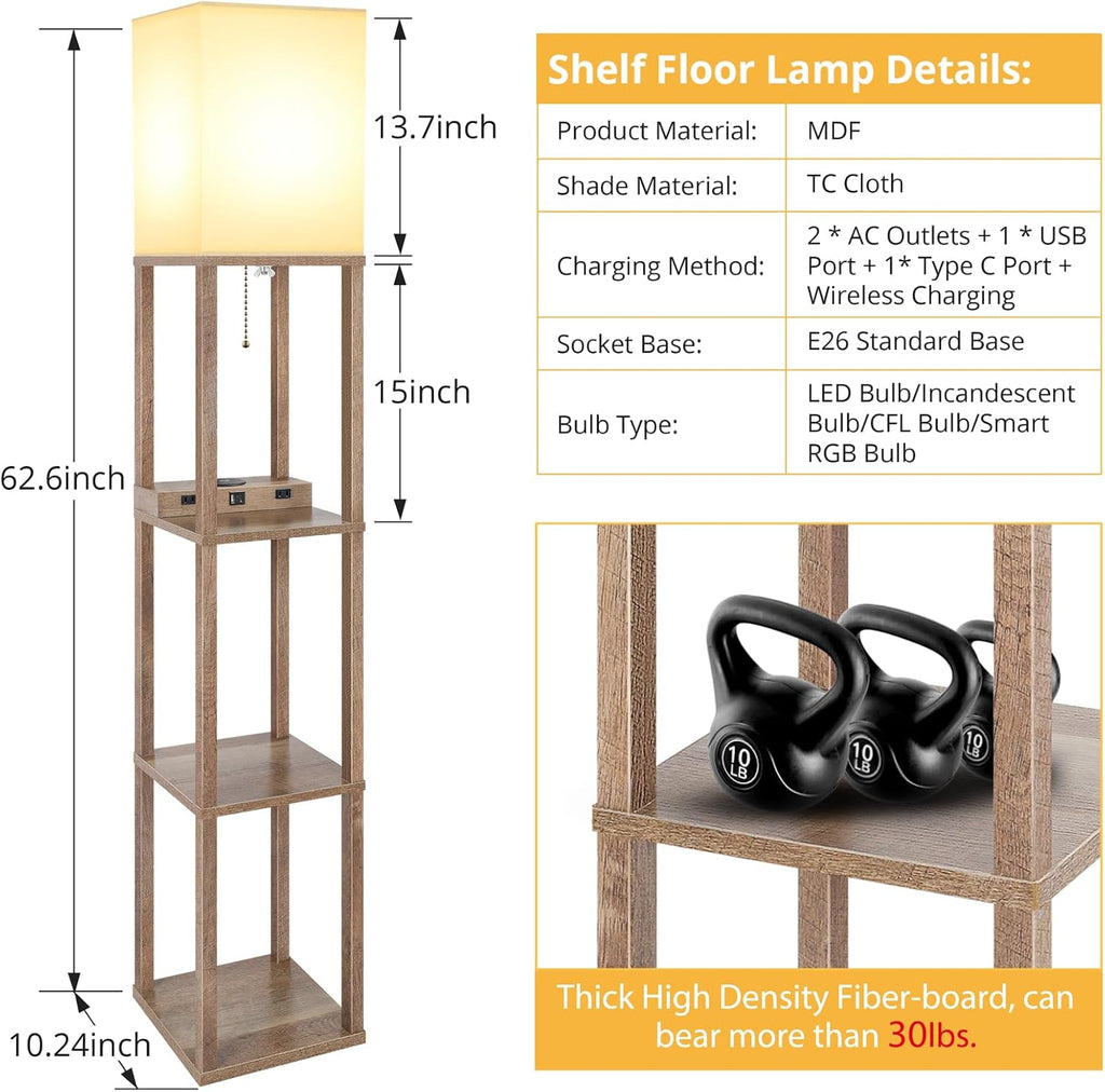 Mlambert Modern Shelf Floor Lamp with Wireless Charger & Fast Charging USB Ports & Type C Port & 2 Power Outlets,3 Tier Storage Lamp for Bedroom(Wood) - Grand Goldman