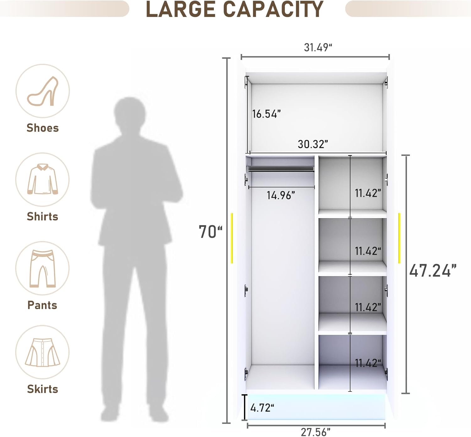 Modern 70in LED 2 Doors Armoires Wardrobe Closet&Cabinet with Hanging Rod,Bedroom Armoires with RGB LED 6000-color Lights,Wardrobe Clothes Organizer (White-2 Door Armoires) - Grand Goldman