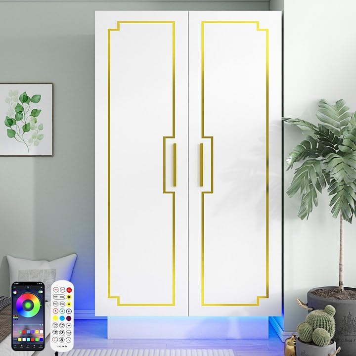 Modern 70in LED 2 Doors Armoires Wardrobe Closet&Cabinet with Hanging Rod,Bedroom Armoires with RGB LED 6000-color Lights,Wardrobe Clothes Organizer (White-2 Door Armoires) - Grand Goldman
