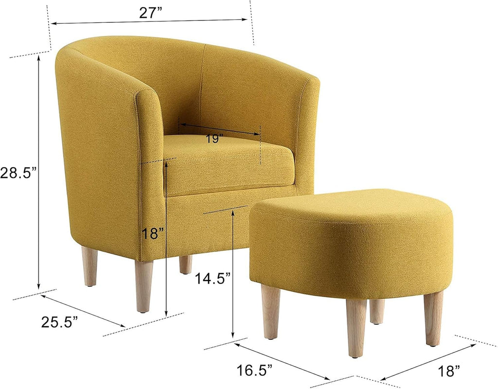 Modern Accent Chair, Upholstered Arm Chair Linen Fabric Single Sofa Chair with Ottoman Foot Rest Mustard Yellow Comfy Armchair for Living Room Bedroom Small Spaces Apartment Office - Grand Goldman