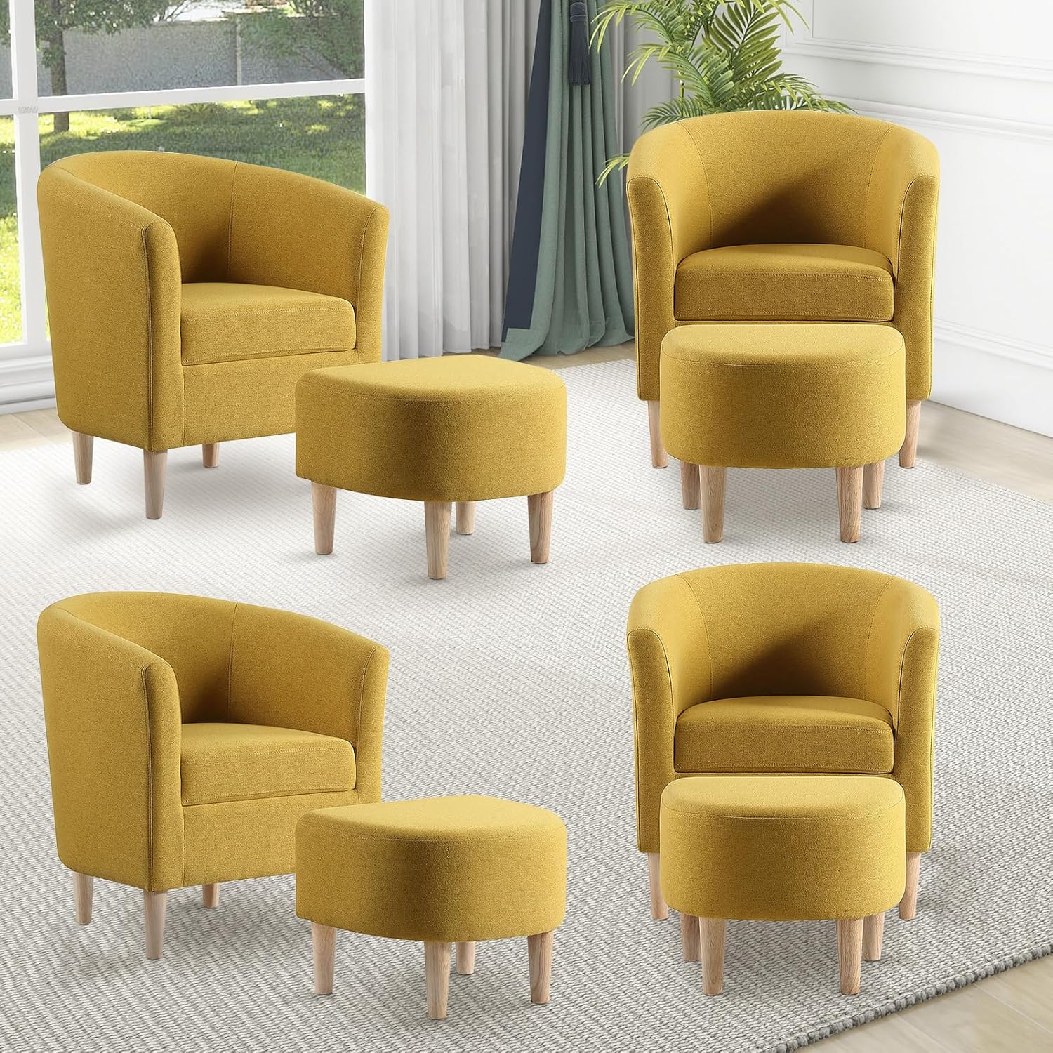 Modern Accent Chair, Upholstered Arm Chair Linen Fabric Single Sofa Chair with Ottoman Foot Rest Mustard Yellow Comfy Armchair for Living Room Bedroom Small Spaces Apartment Office - Grand Goldman