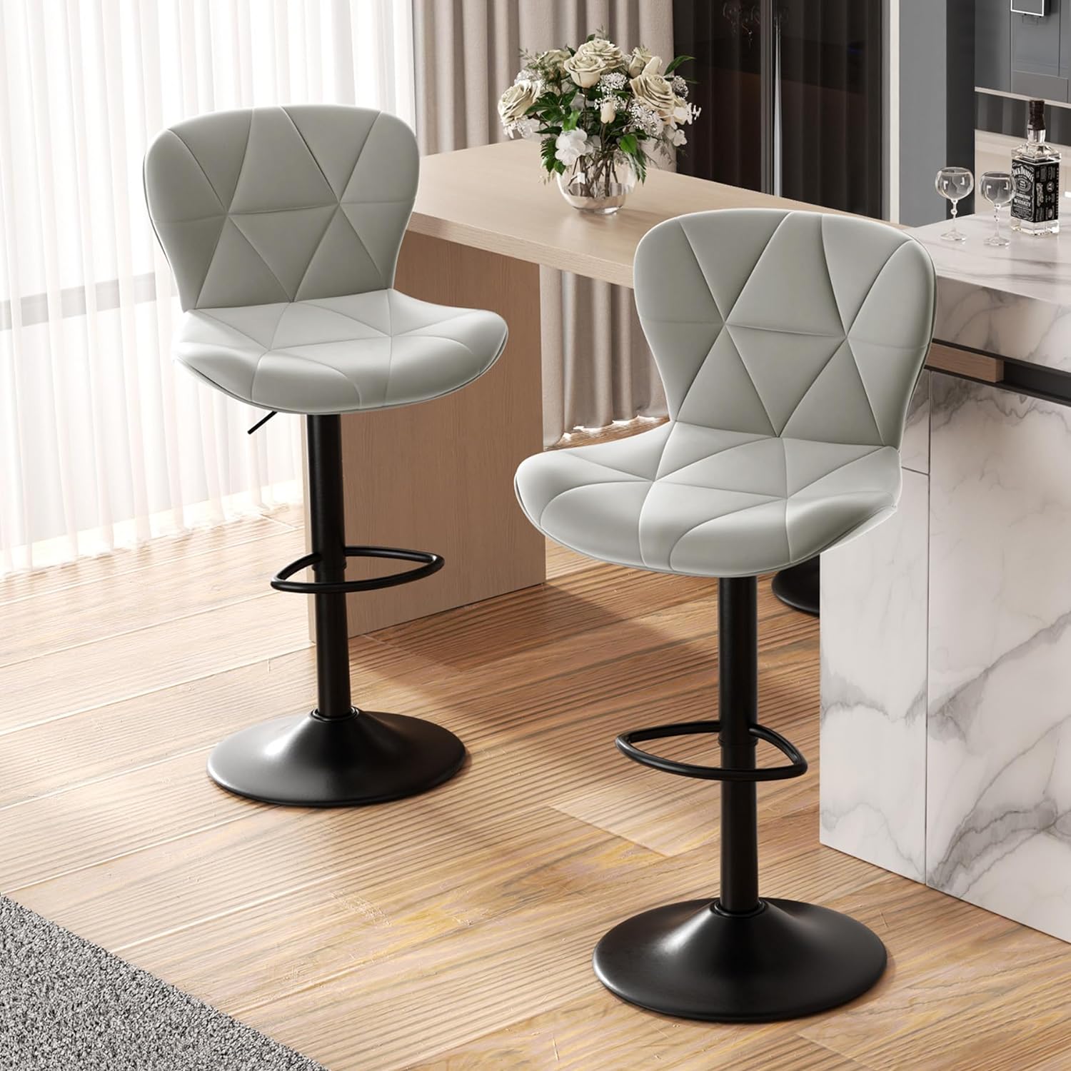 Modern Bar Stools Set of 2, Adjustable Faux Leather Upholstered Swivel Bar Stools, Counter Height Bar Chairs with Back for Kitchen Island, Black - Grand Goldman