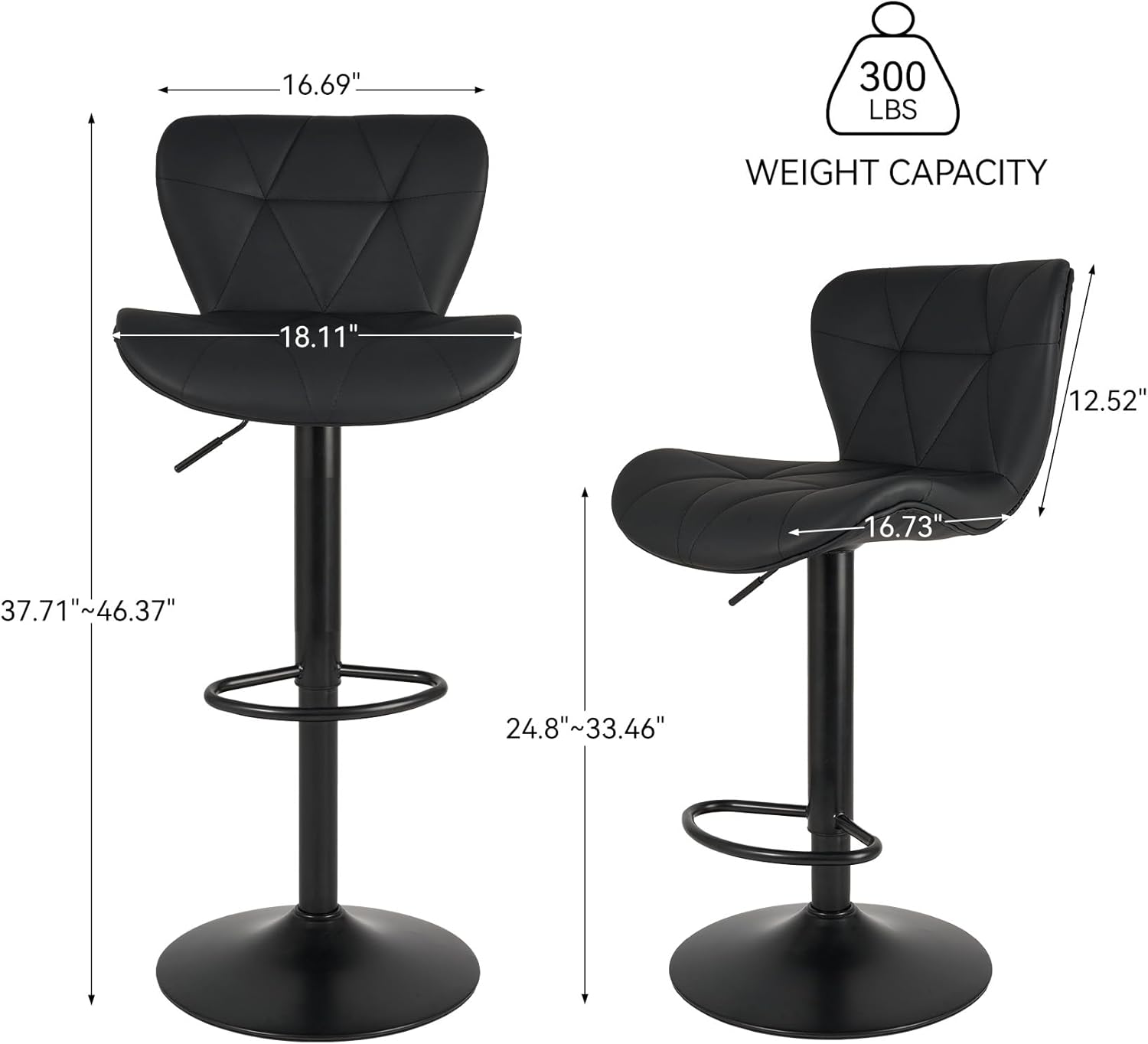 Modern Bar Stools Set of 2, Adjustable Faux Leather Upholstered Swivel Bar Stools, Counter Height Bar Chairs with Back for Kitchen Island, Black - Grand Goldman